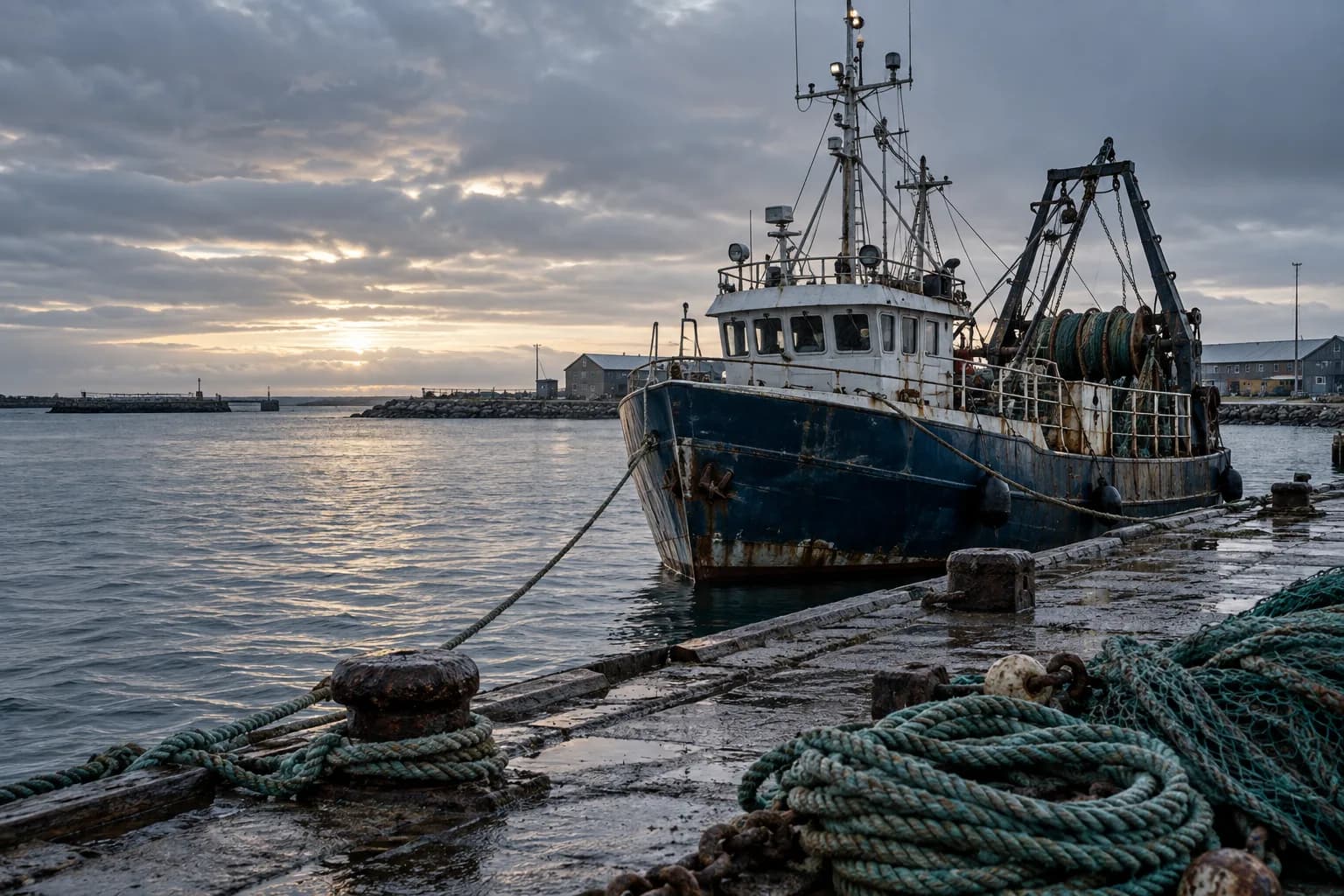 Vue illustrative d’un port de pêche baltique, avec un bateau à quai
