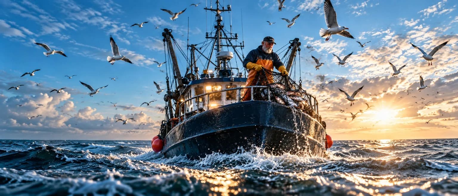 Manipulation des filets et du poisson sur le pont